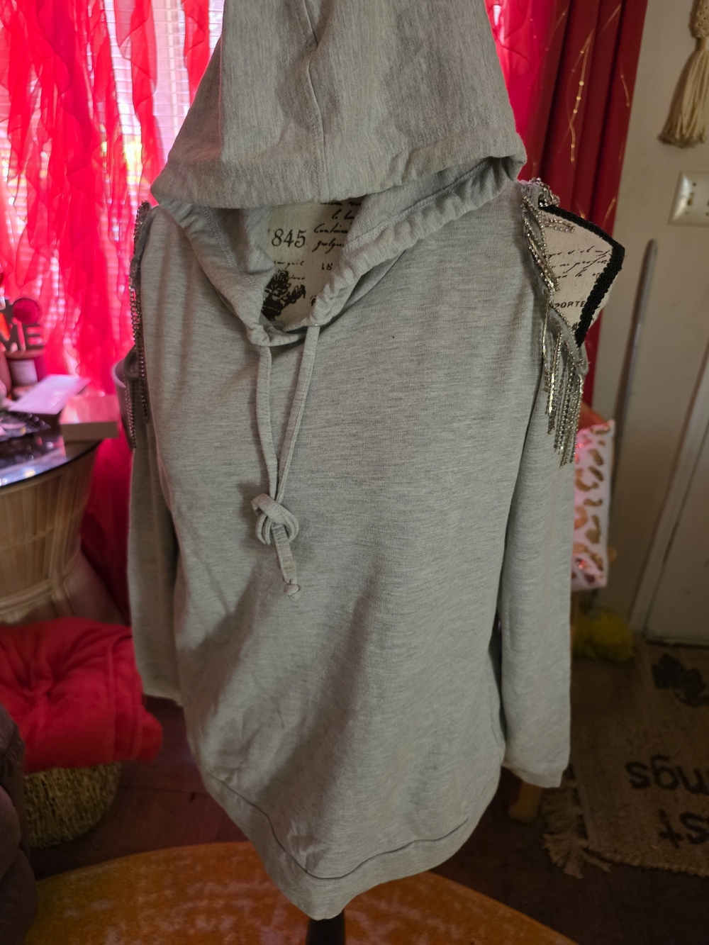 Women's Gray Hooded Cold-Shoulder Sweater with Chain Fringe